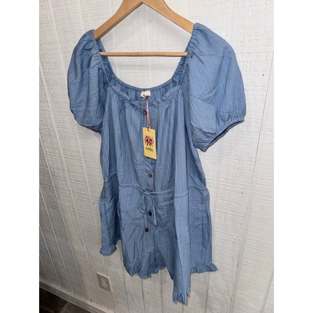 Entro Romper Womens Blue Puff Sleeve Button Drawstring Ruffle Hem Small R22792 - Picture 2 of 8